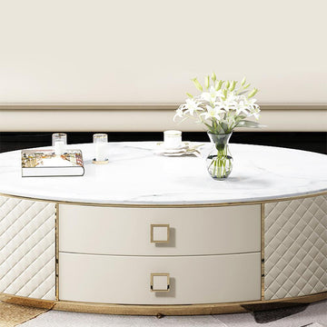 Orand Modern White Oval Marble Top Coffee Table Microfiber Leather with 2 Drawers
